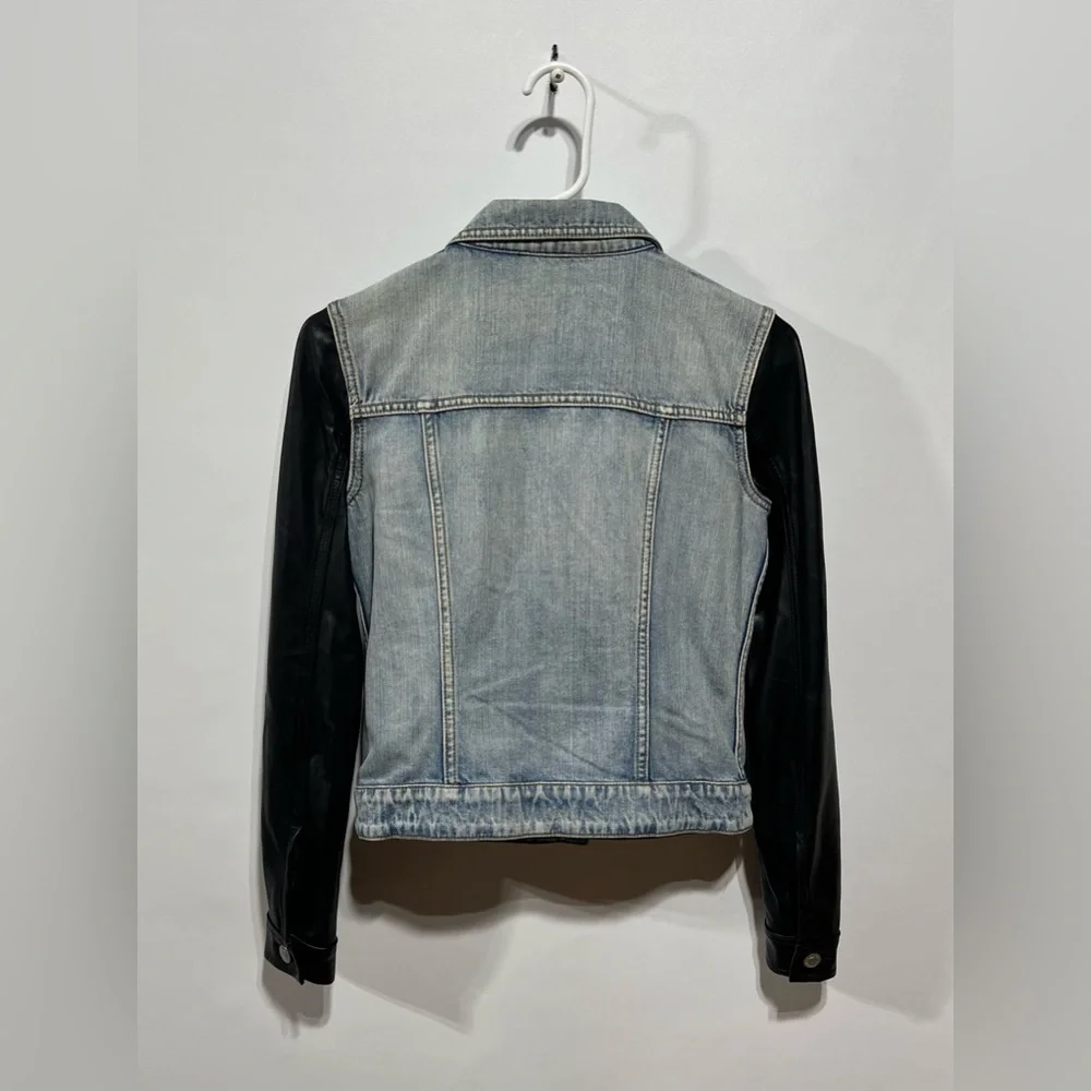 Aritzia‎ Talula Harem distressed denim jacket with faux leather sleeves Size XS